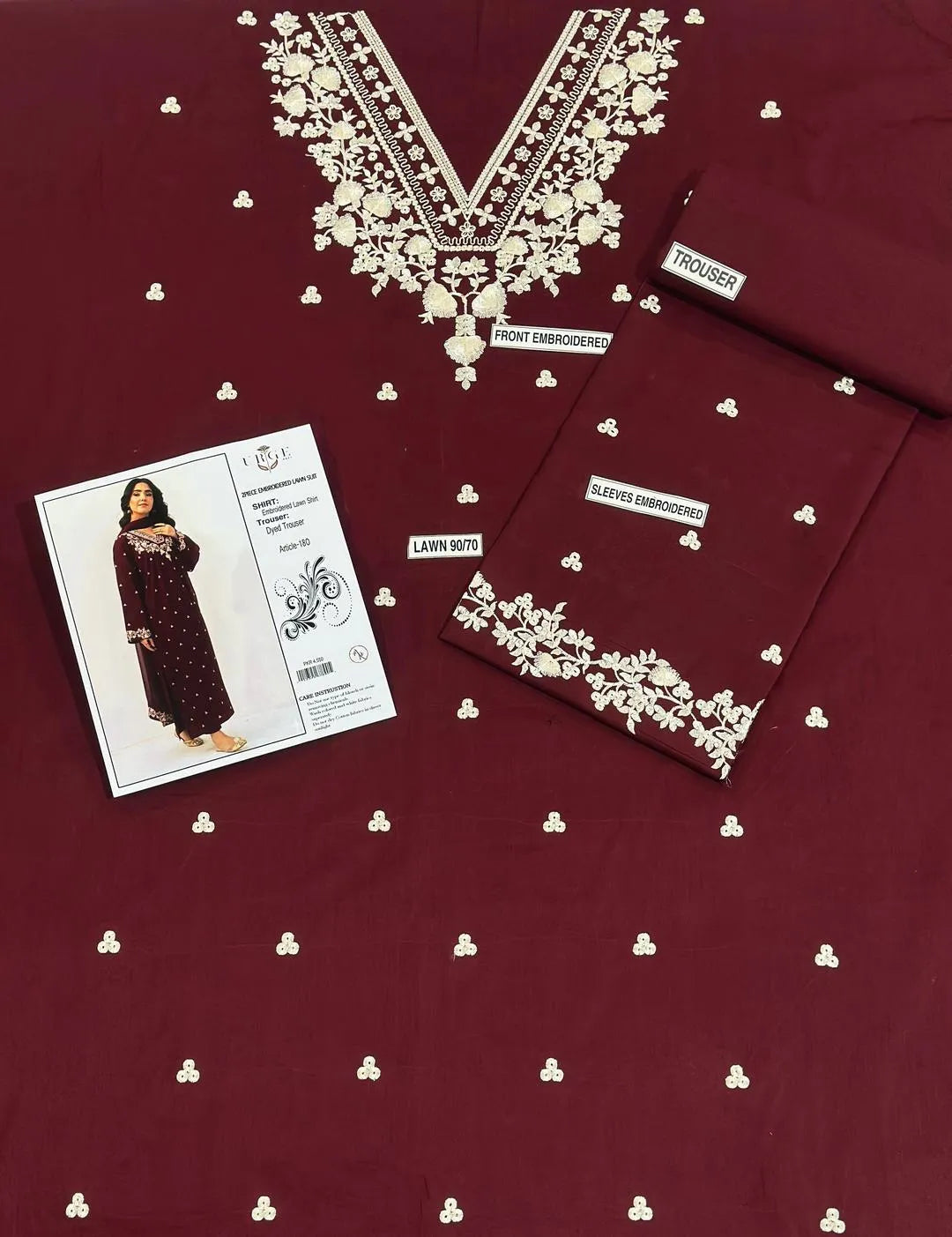 Maroon Embroidered Lawn Shirt with Cotton Trouser Set