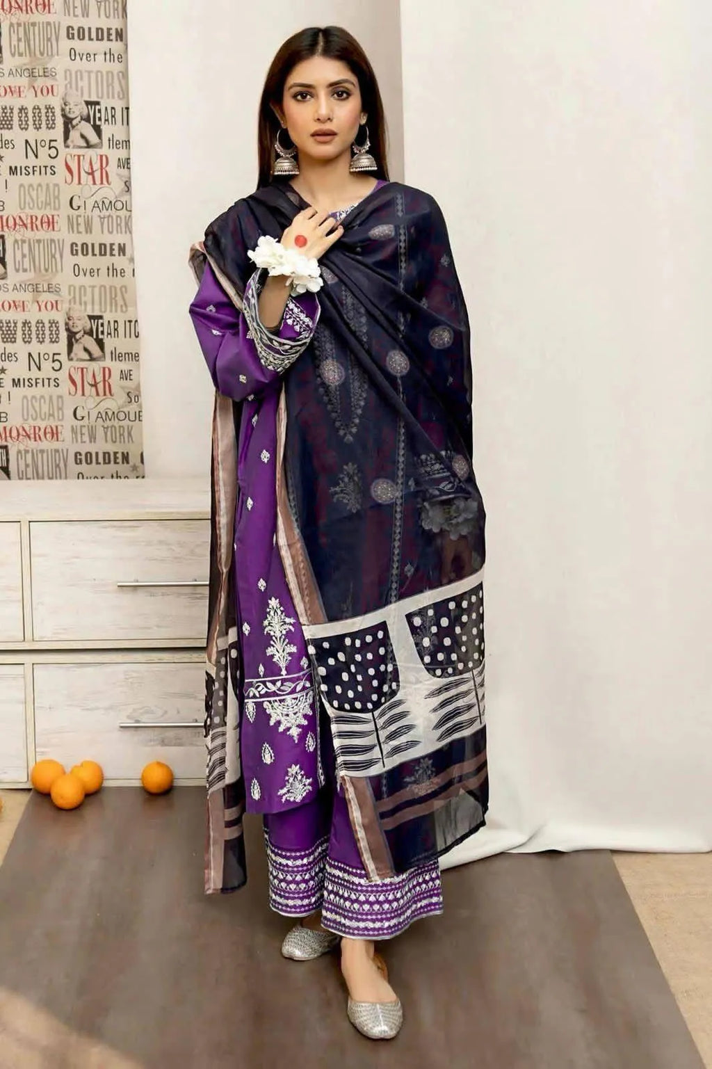 Purple Embroidered 3-Piece Lawn Suit for Women