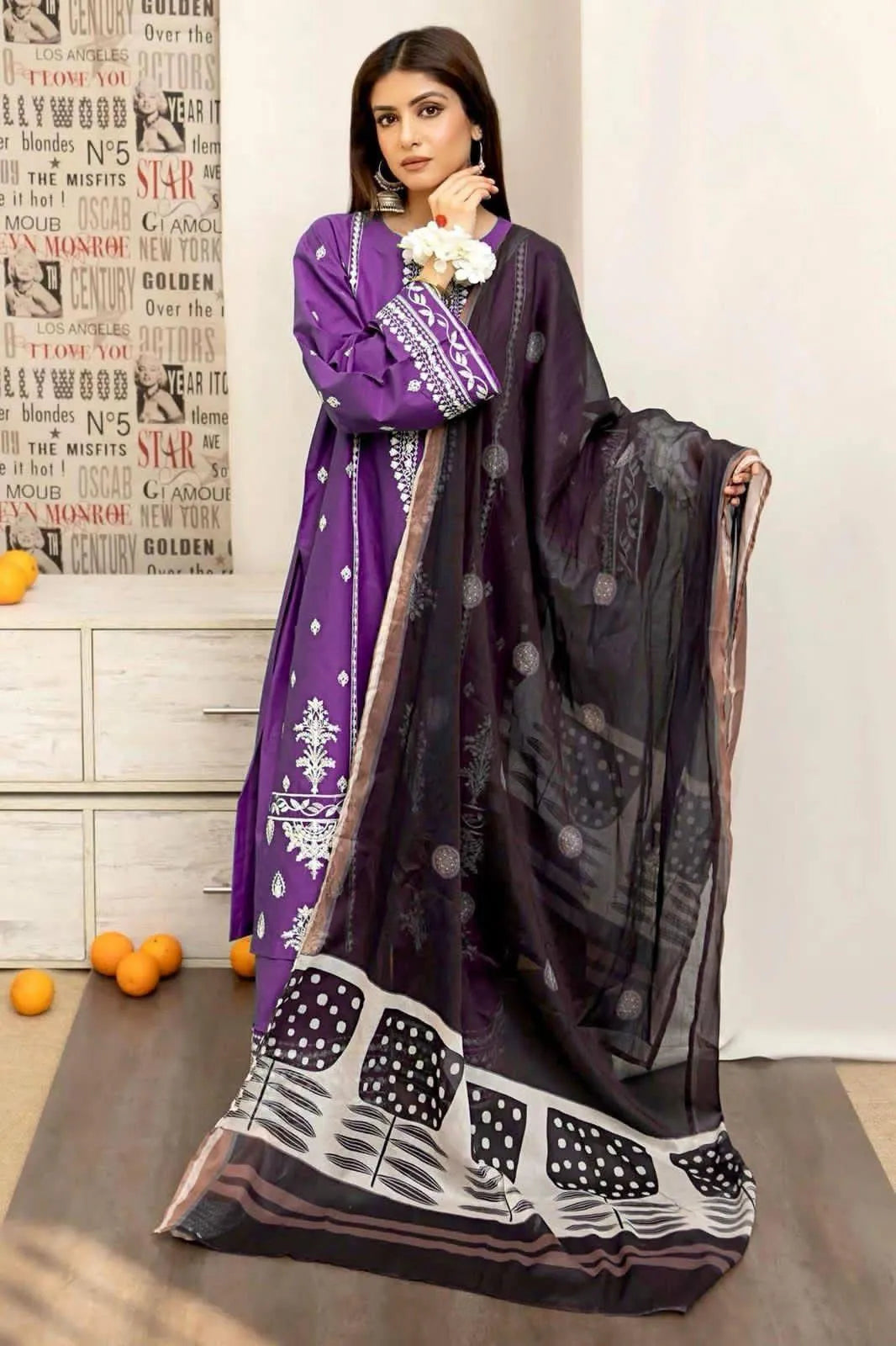 Purple Embroidered 3-Piece Lawn Suit for Women