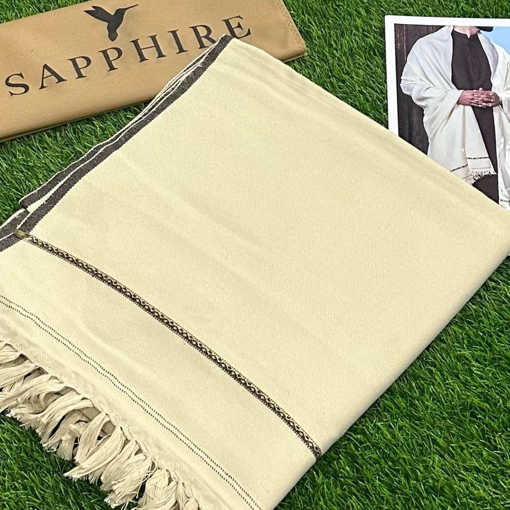 Men's Cream Woolen Shawl with Brown Border & Fringes