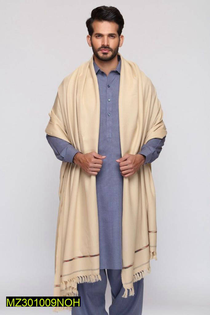 Gents Winter Wool Shawl Beige Warm Border Fringe