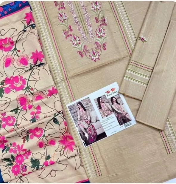 Khadai Heavy Embroidered 3-Piece Suit Brown Floral