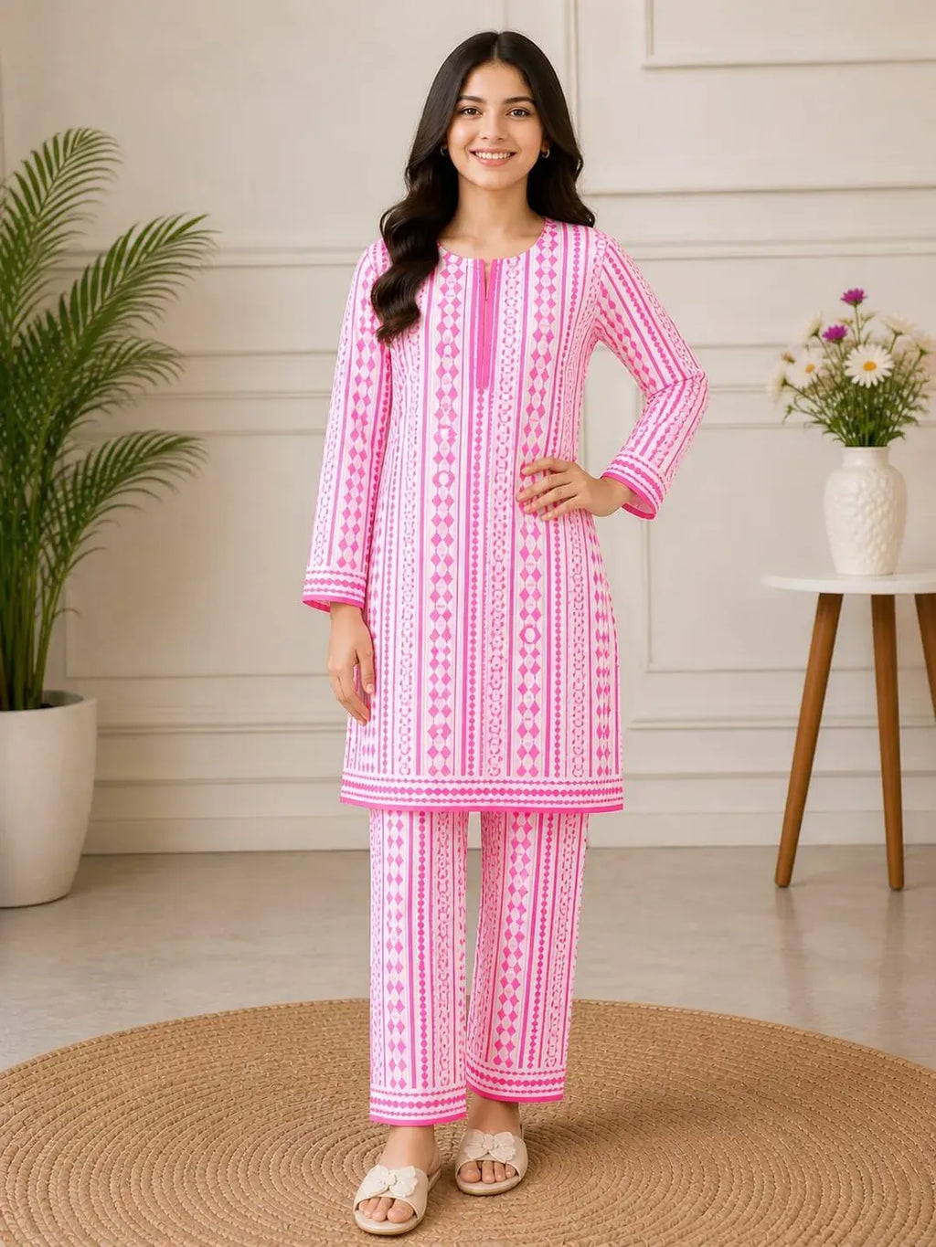Pink Printed Lawn 2-Piece Shirt & Trouser Set