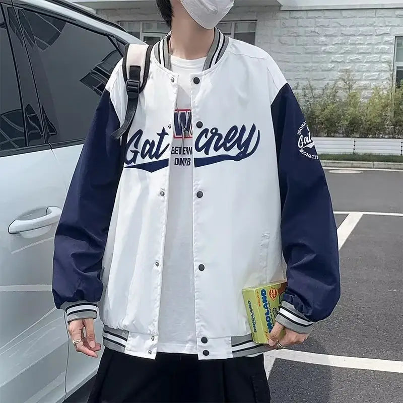 Men Bomber Jacket White Navy "Alkane" Embroidery
