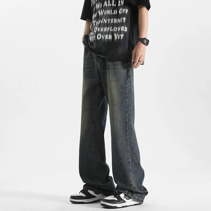 Men Wide Leg Washed Jeans Dark Blue Summer