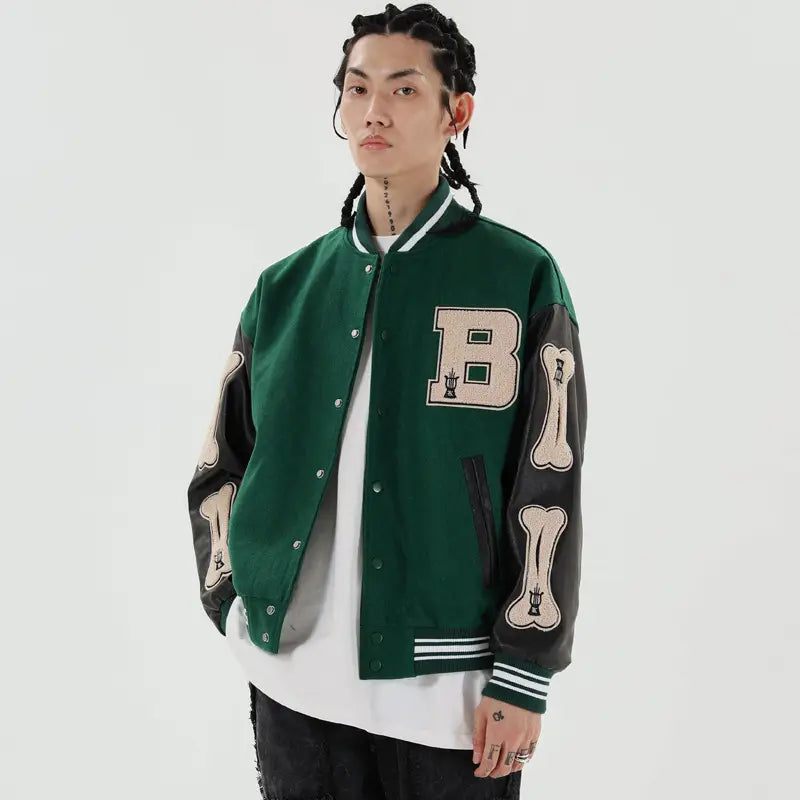 Men's Green Bone Print Baseball Jacket with White Underlayer