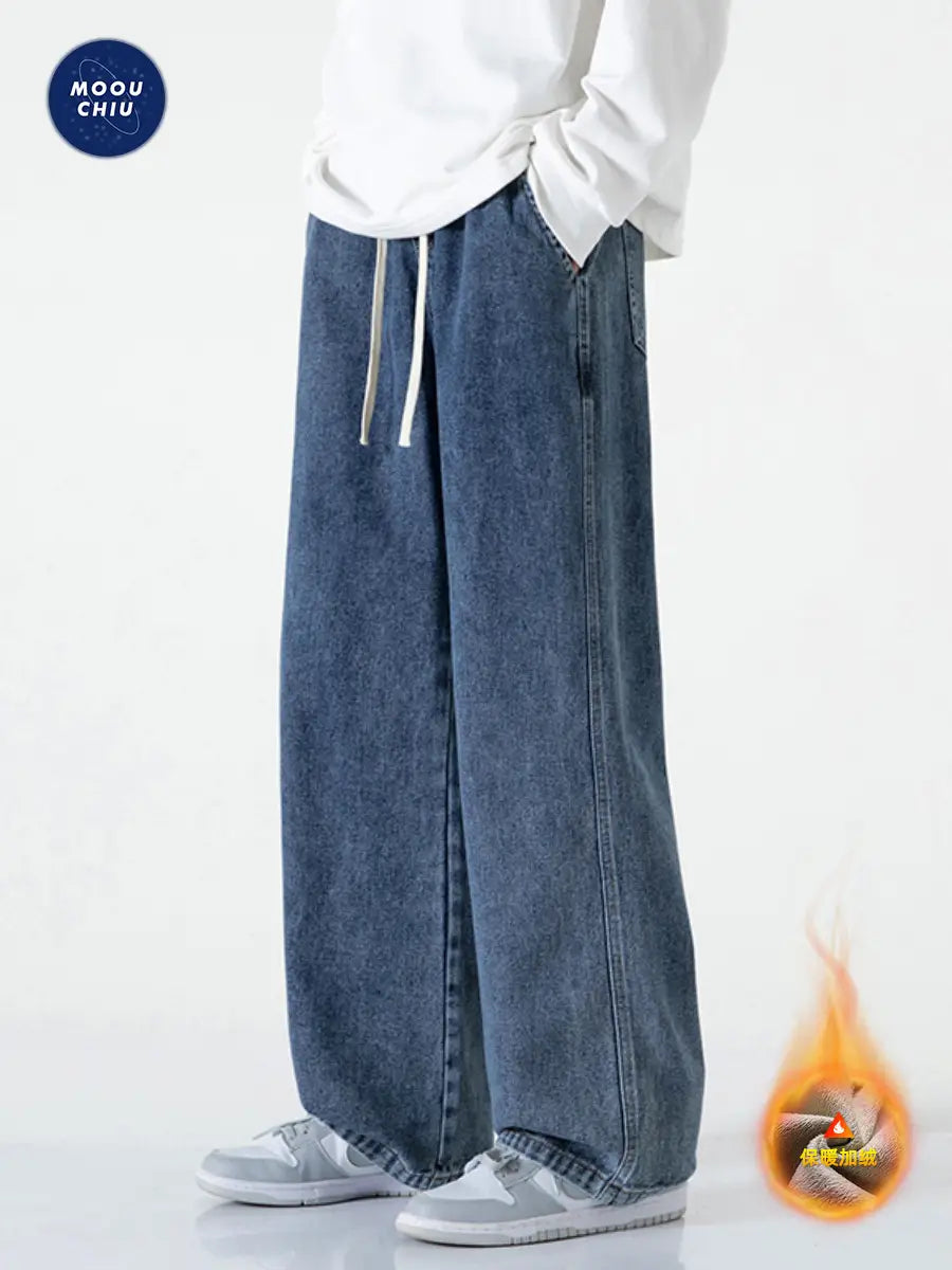 Muqiu Men Fleece-Lined Wide Leg Jeans Blue Grey Washed