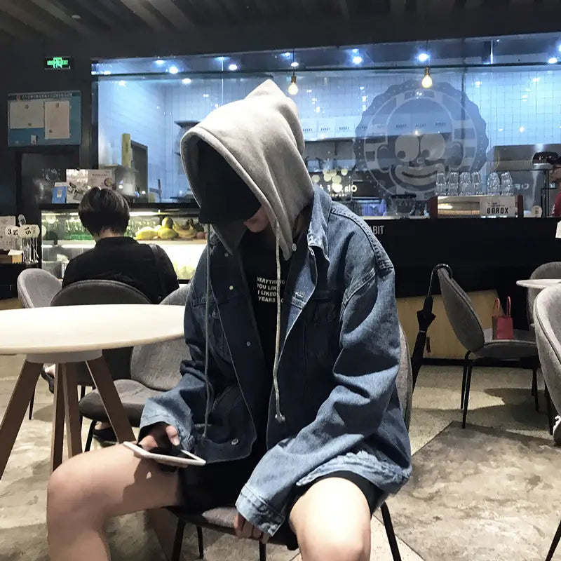 Men's Korean Style Hooded Denim Jacket Blue Gray