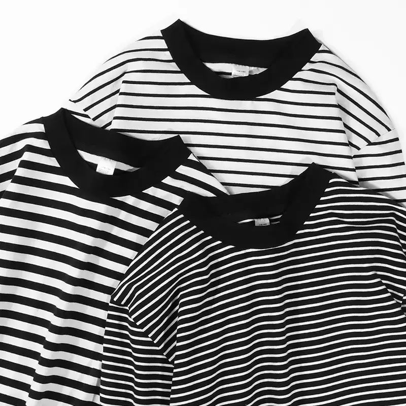 Black White Striped Long Sleeve T-Shirt Round Neck