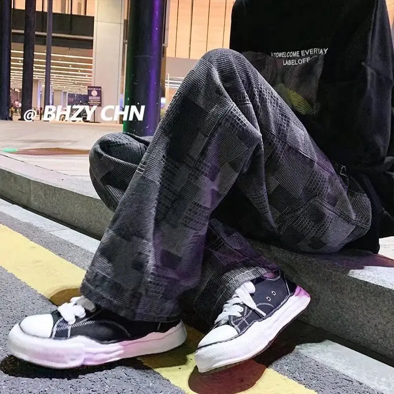 Men's Loose Square Patterned Wide Leg Jeans Spring