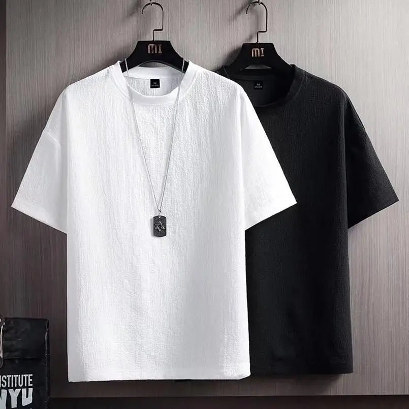 Men White Japanese T-Shirt Round Neck Loose Fit