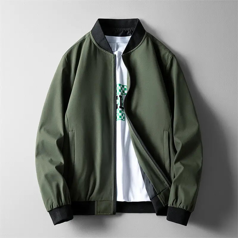 Men's Green Bomber Jacket Solid Collar Slim Fit