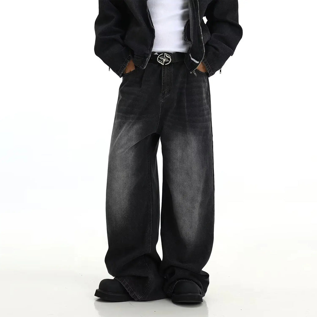Men Vintage Washed Jeans Dark Blue Straight Fit