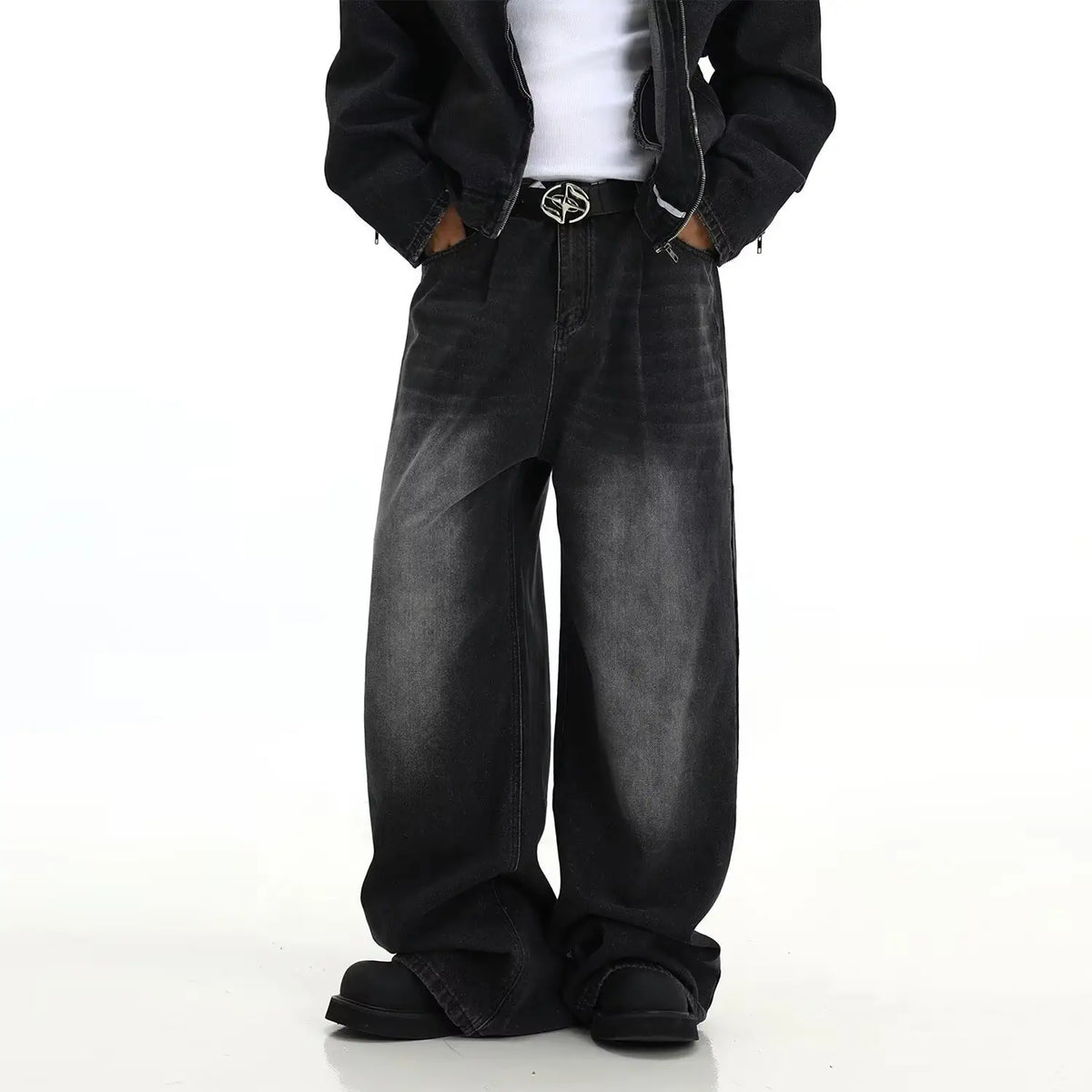 Men Vintage Washed Jeans Dark Blue Straight Fit