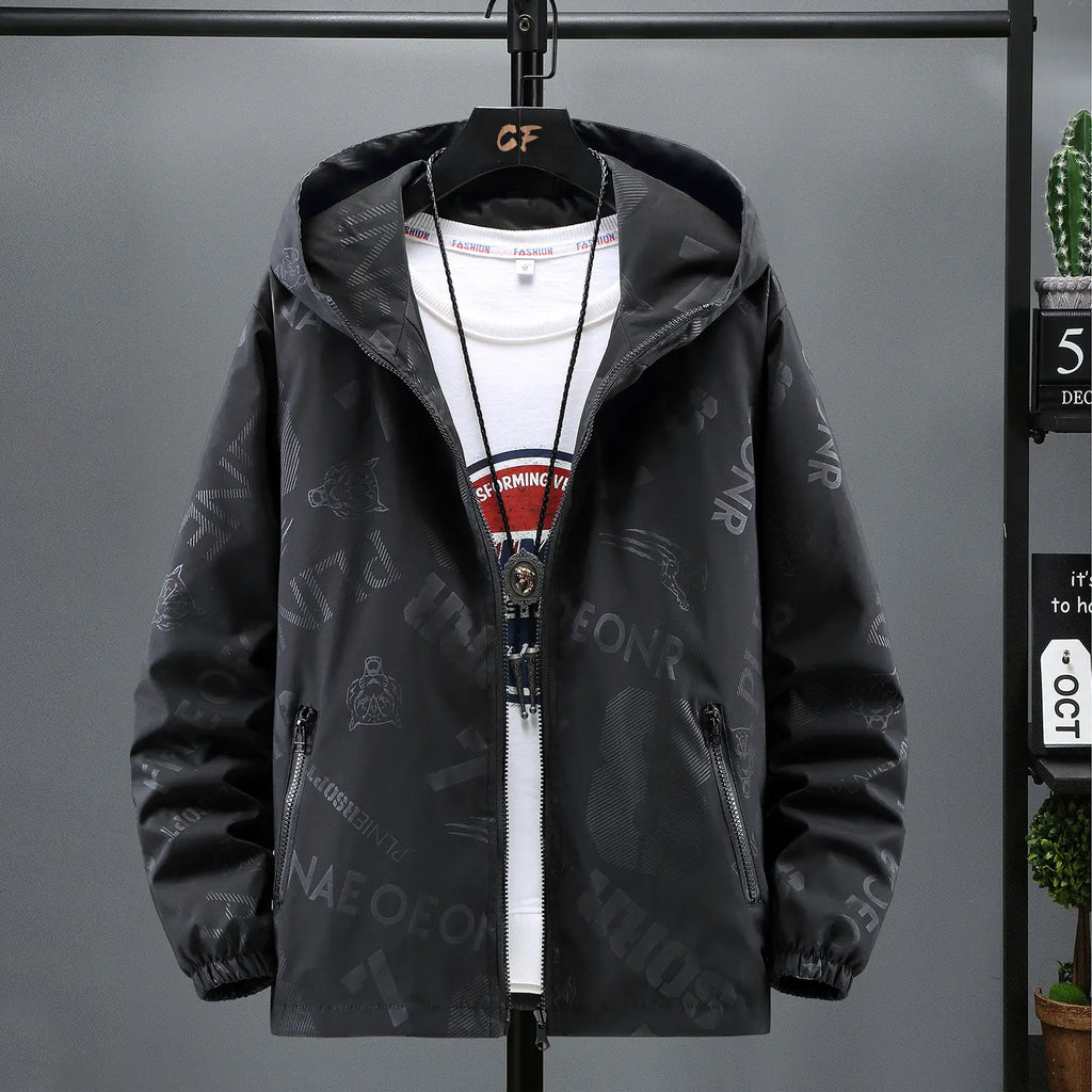 Men's Black Hooded Jacket with Print & Zip Front
