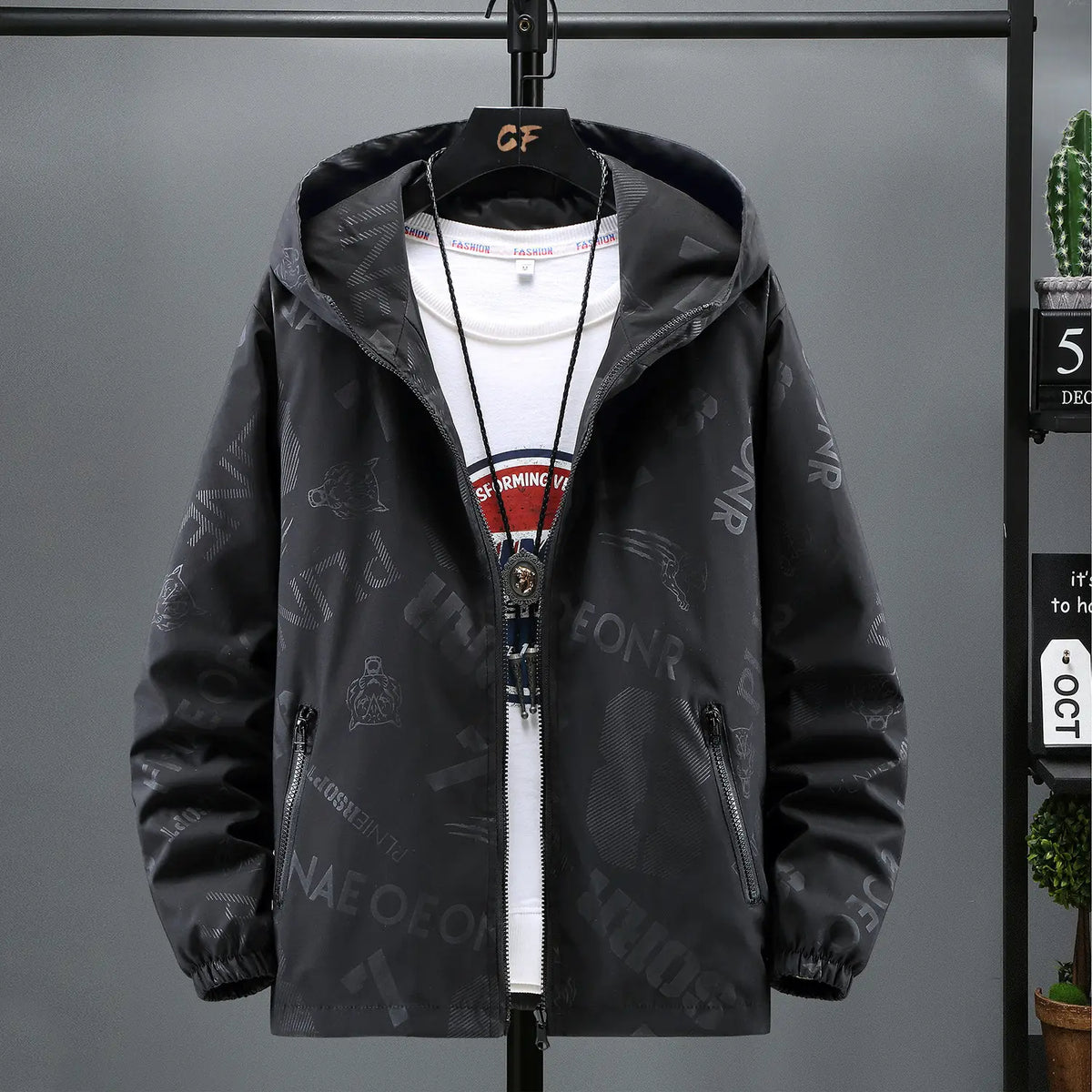 Men's Black Hooded Jacket with Print & Zip Front
