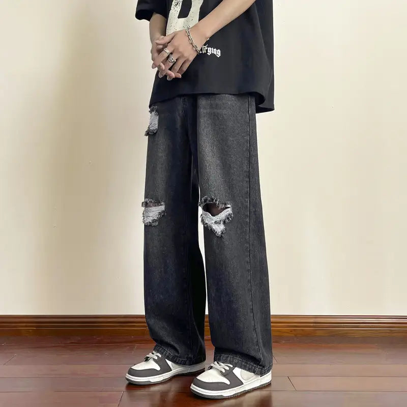 Men's Wide Leg Ripped Denim Jeans Summer Casual Pants