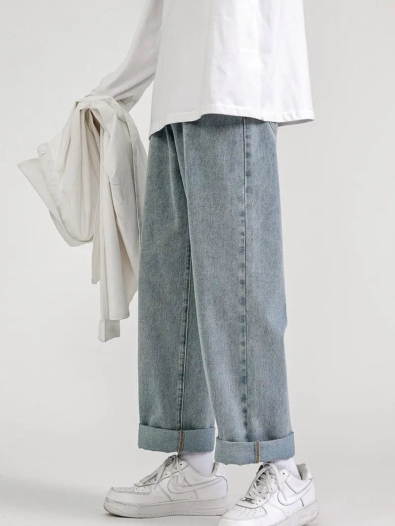 Men Vintage Wash Denim Jeans Loose Fit American Style