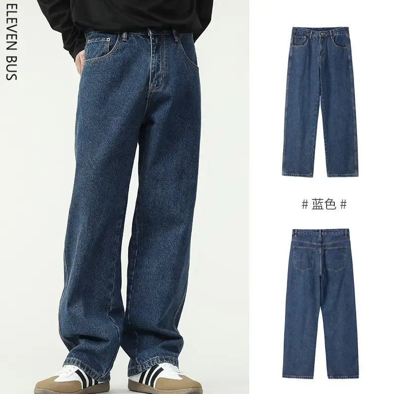 New Dark Blue American Retro Washed Jeans Men's Straight Wide-Leg
