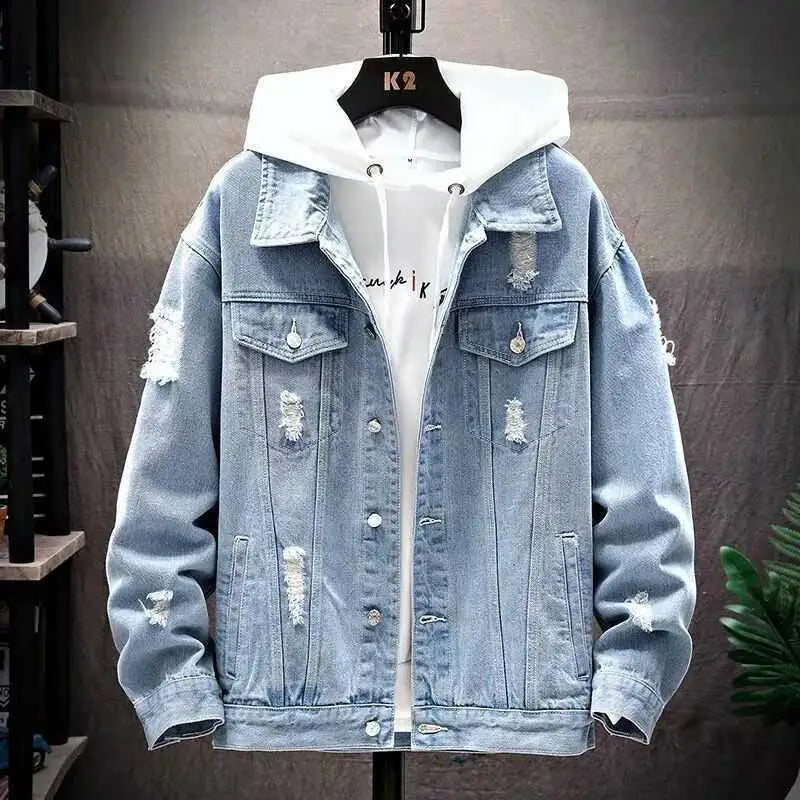 Men's Light Blue Ripped Denim Hoodie Korean Style