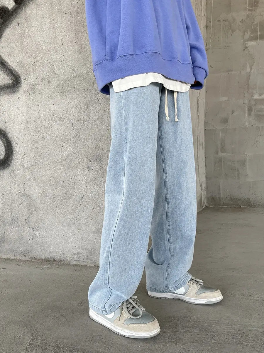 Men's Elastic Waist Jeans Vintage Washed Loose Straight Leg