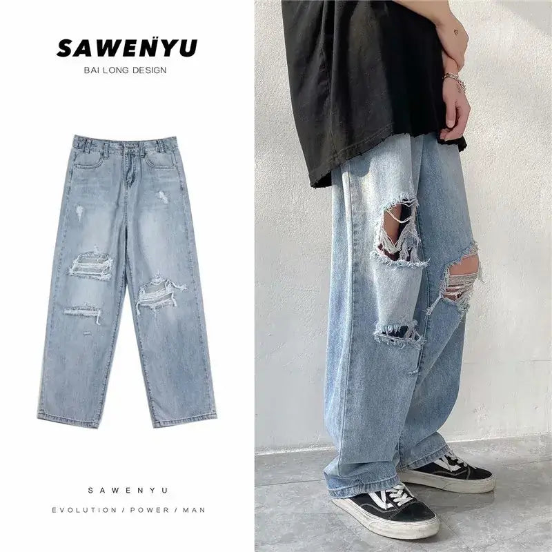 Ripped Washed Jeans Boys Summer Loose Wide Leg Straight Pants