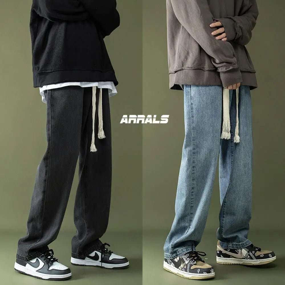 Men Braided Drawstring Jeans Wide Leg Trousers Blue