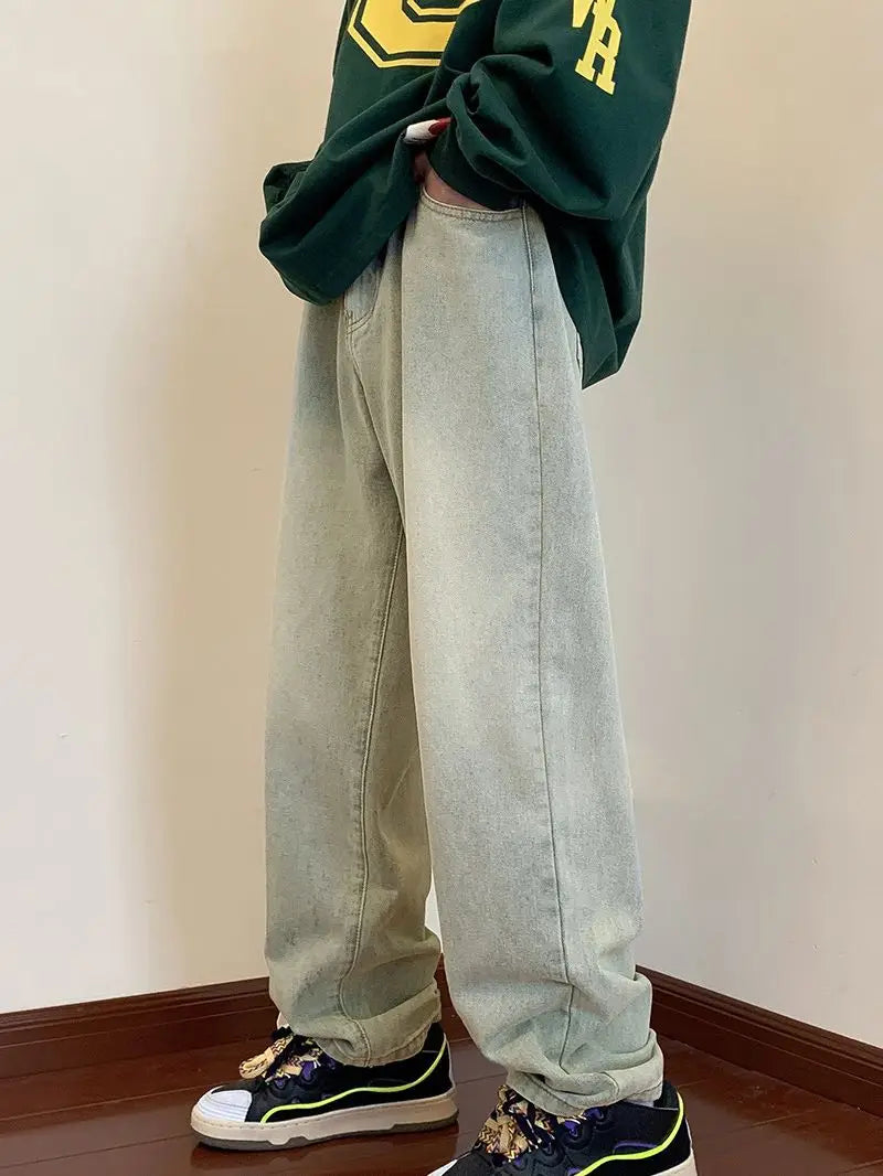 Men Washed Vintage Blue Straight Leg Jeans