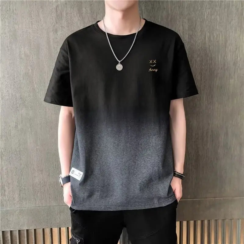Men Gradient Short Sleeve T-Shirt White Korean Style