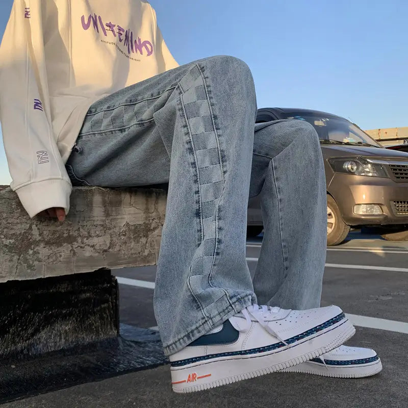 Men's American Denim Pants Loose Oversize Checkerboard Jeans