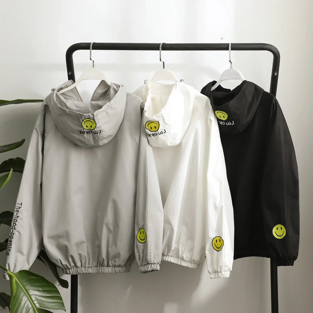 Men Women White Hooded Thin Jacket Korean Style