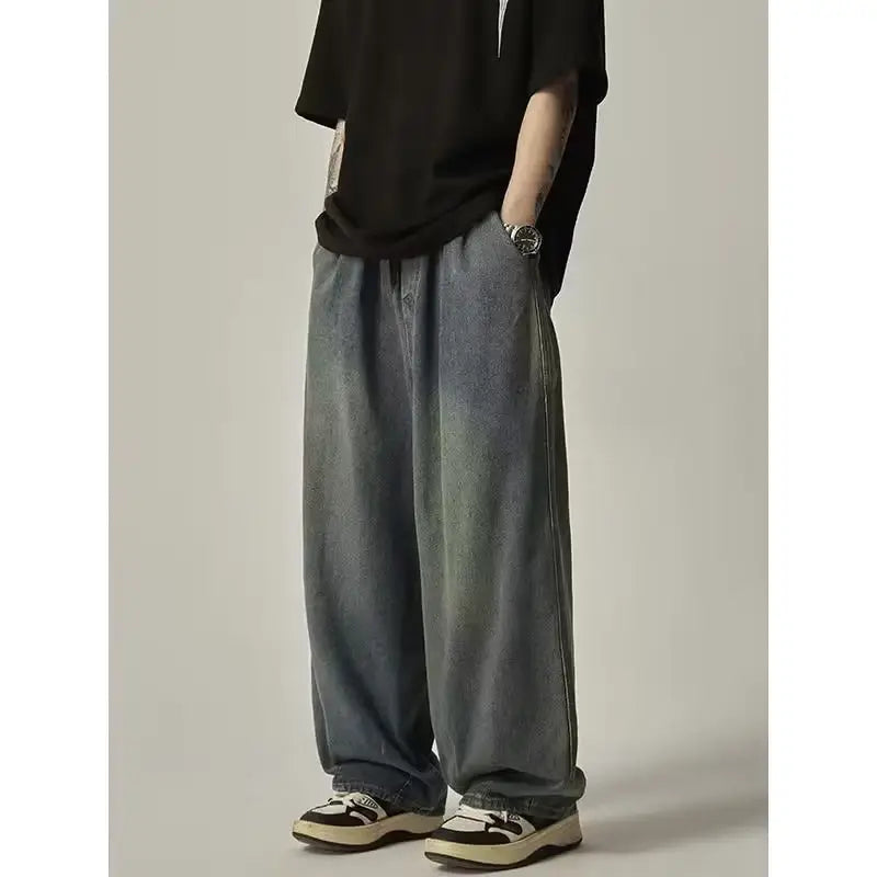 Elastatic Oversize Jeans Men Women Japanese Style Loose Dipping Wide Leg Pants