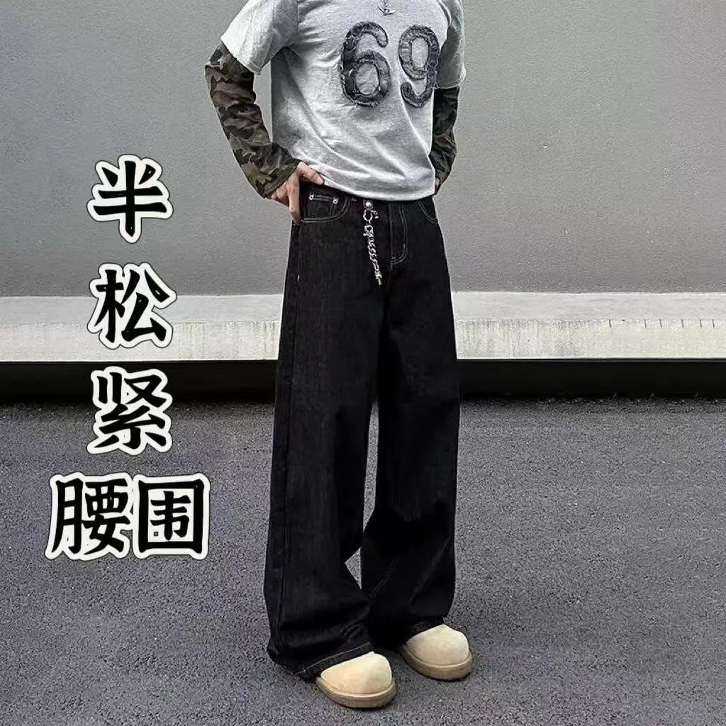 American Style Wide Leg Jeans Dark Blue Unisex Casual