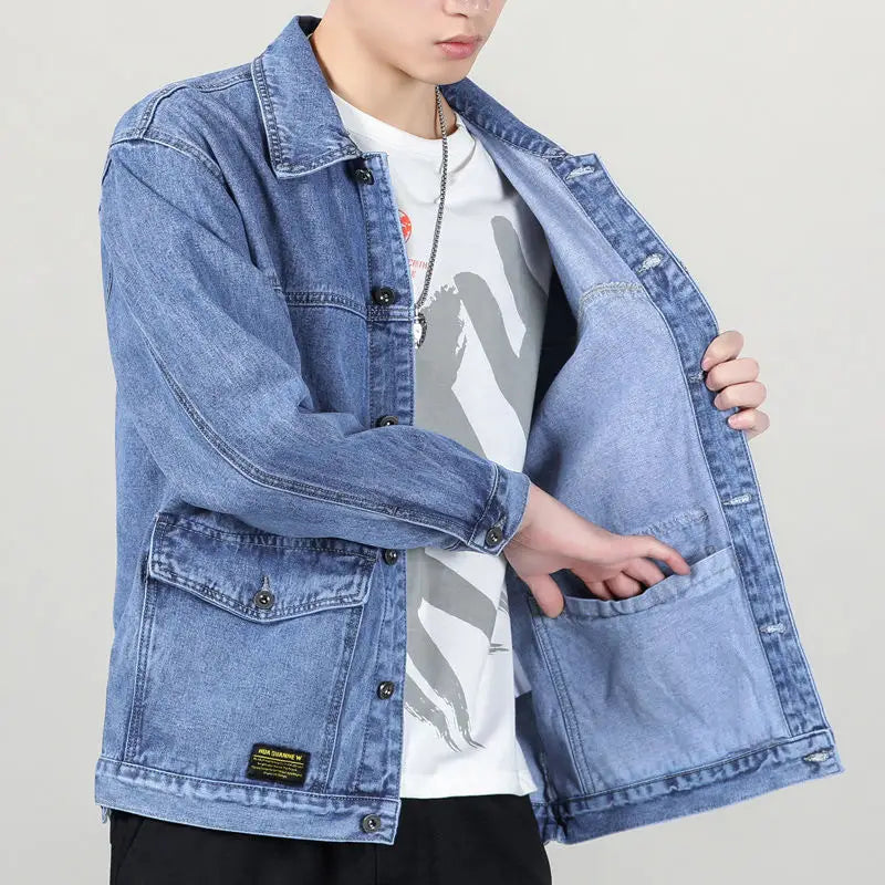 Men Denim Jacket Grey Multi-Pocket Large