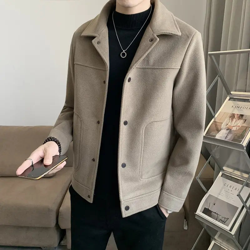 Men's Woolen Slim Fit Jacket Winter Coat Beige