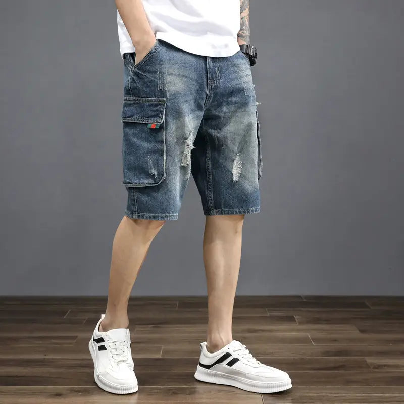 Denim Mid-Length Cargo Shorts for Men Retro Korean Style