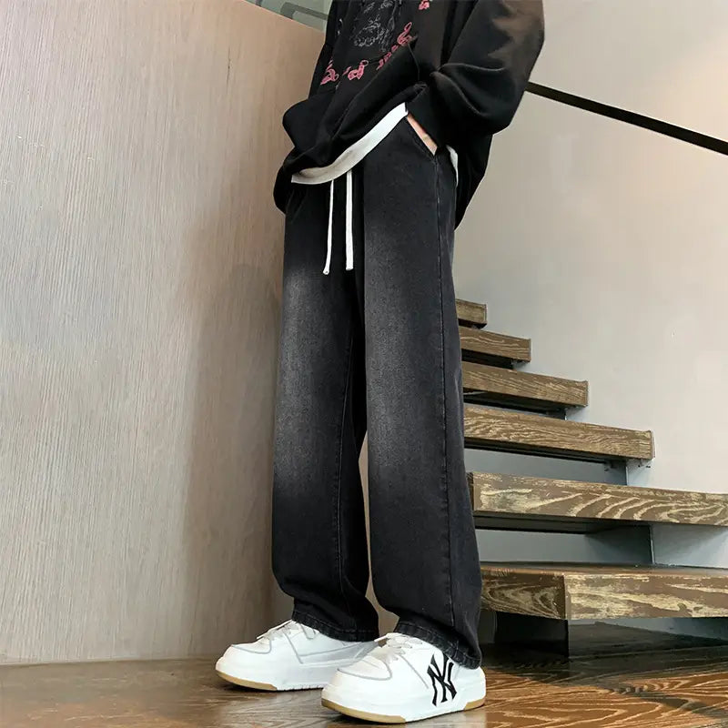 Men Retro Straight Leg Pants Black Wide Leg Casual