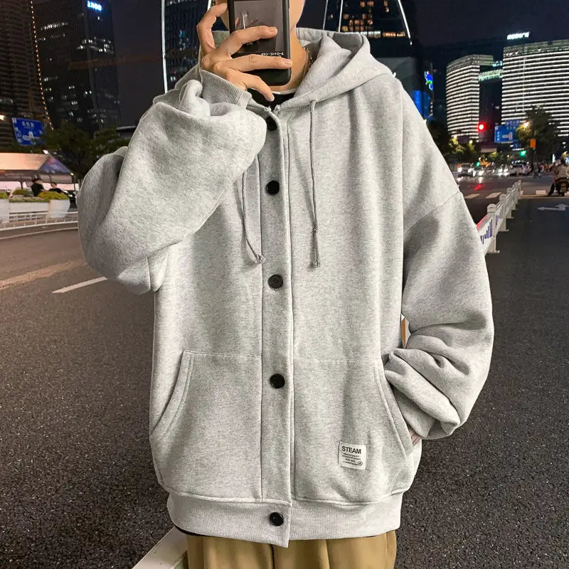 Men Grey Hooded Sweatshirt Long Sleeve Polar Fleece