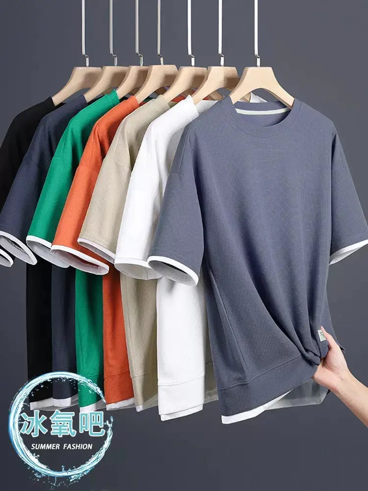 Men's Waffle Round Neck Short Sleeve Shirt Grey Large