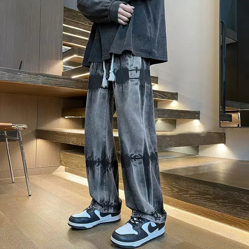 Men Tie-Dye Drawstring Jeans American High Street Vibe Pants