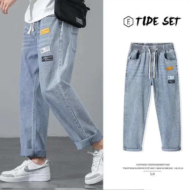 Men's Korean Style Light Blue Cropped Jeans