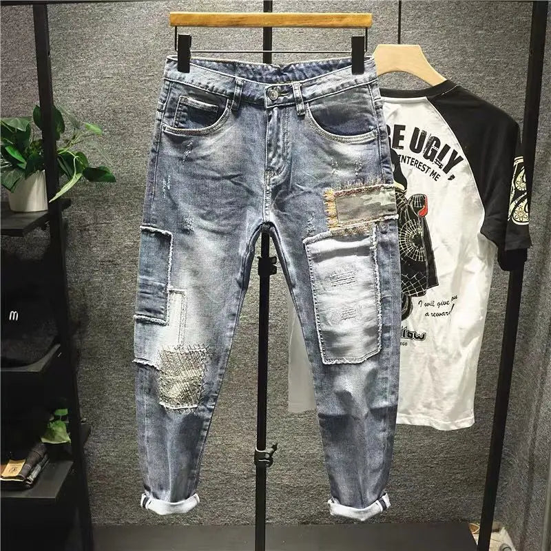 Men Patch Ripped Skinny Jeans Korean Style Spring Autumn
