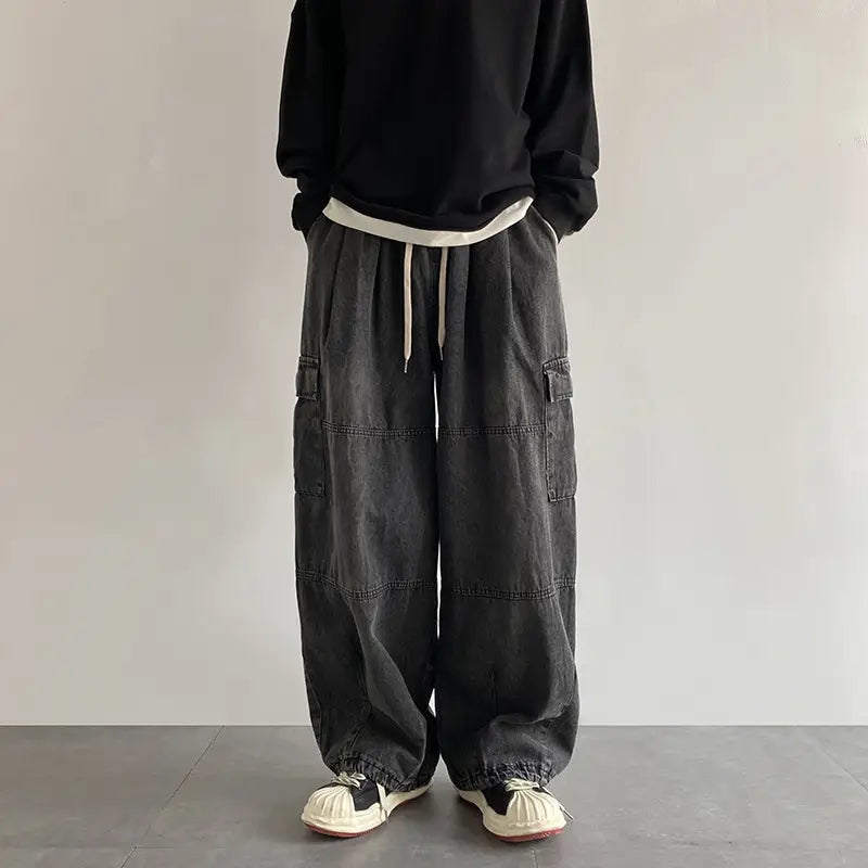 Men Blue Cargo Pants Wide Leg Spring Autumn Loose Fit