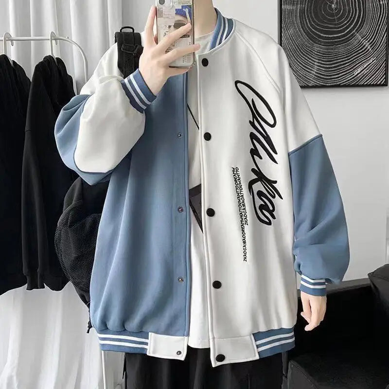 Men's Blue White Baseball Jacket with "Sense" Print