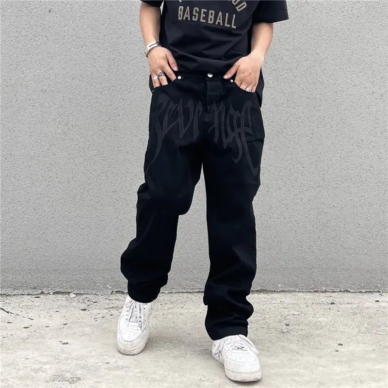 Black Embroidered High Waist Jeans Men Women