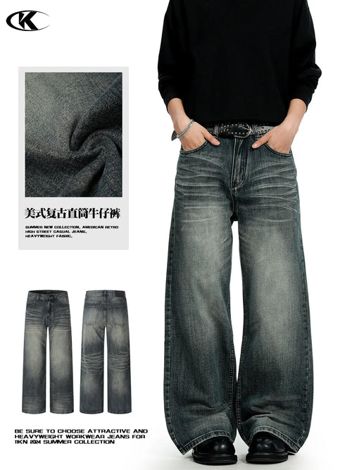 11Kn American Retro Dark Blue Jeans for Men Women Wide Leg Casual Pants