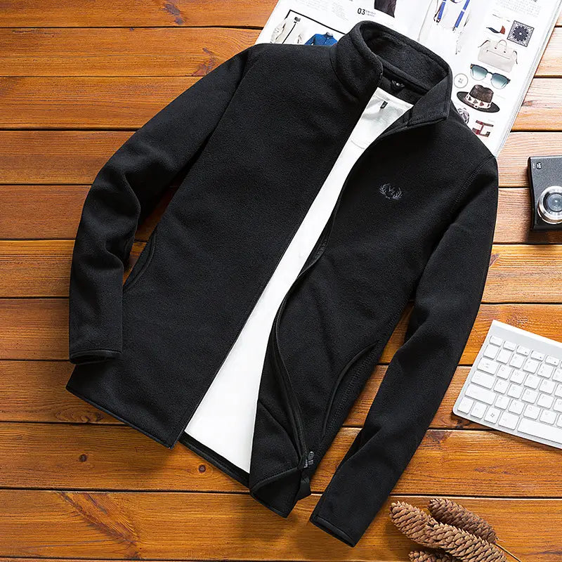 Men's Olive Green Fleece Zipper Jacket with Vertical Collar