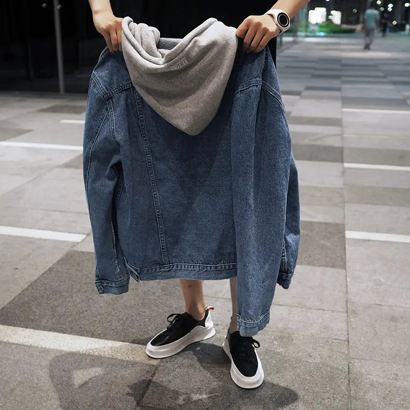 Men's Korean Style Hooded Denim Jacket Blue Gray