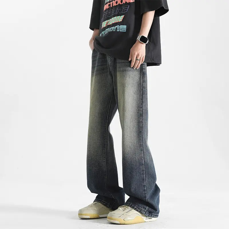 Men Wide Leg Washed Jeans Dark Blue Summer