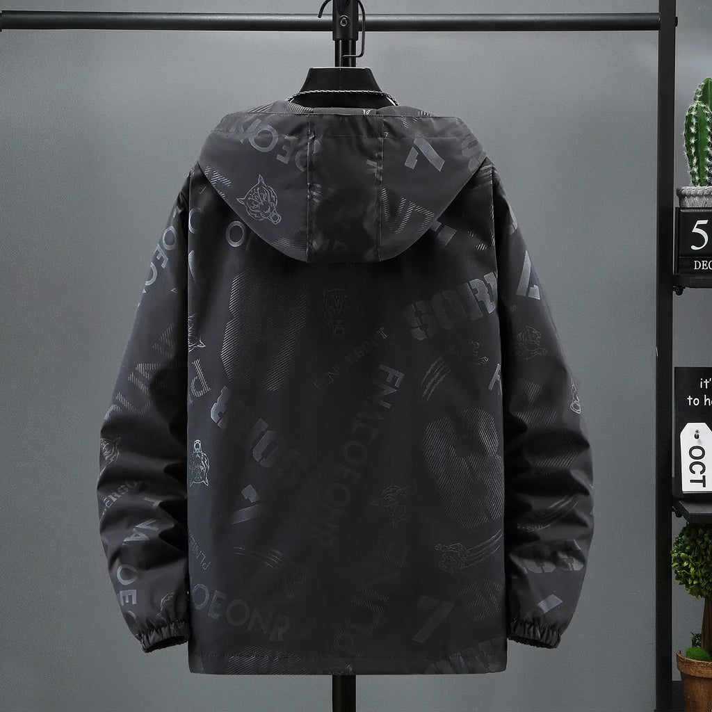 Men's Black Hooded Jacket with Print & Zip Front